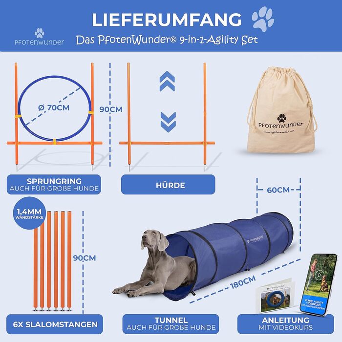 Agility-набір для собак PfotenWunder 9-в-1: слалом, тунель, перешкоди, навчання, ігровий комплект для малих і великих собак