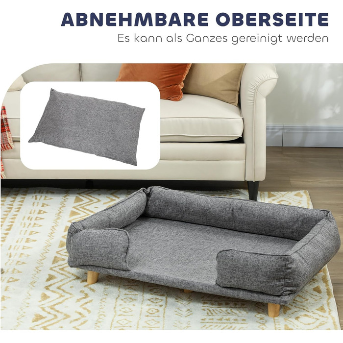 Диван для собак PawHut - зручне ліжко для тварин з підлокітником, на дерев'яних ніжках, сірого кольору, розмір 96 x 66 x 24 см, для собак до 30 кг та 60 см висоти в плечі