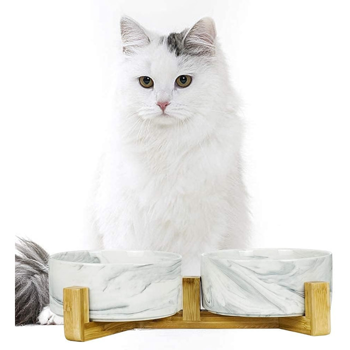 Миски для собак SP SEMPRE з кераміки з бамбуковими підставками, набір з двох мисок (13,5 см, білий мармур)