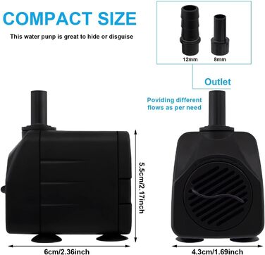 Погружний насос для ставка, фонтану, акваріума Wasserpumpe 1800 л/год, 3 насадки (13/16/19 мм), кабель 1.9м, 10Вт