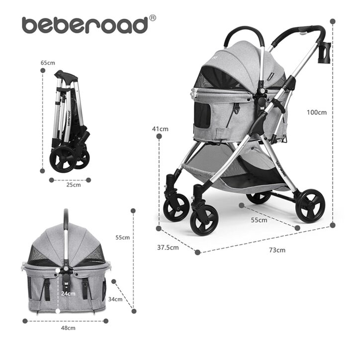 Візок для собак та котів з функцією складання - сірий, 73 x 55 x 100 см, до 15 кг