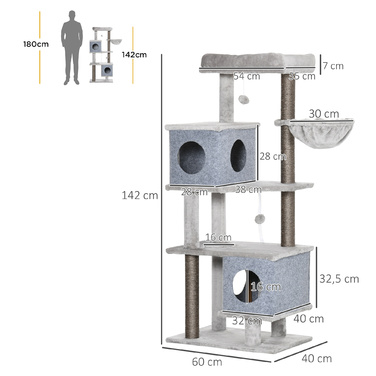 PawHut Cat Tree 142 см Котяче дерево з печерами та платформами, Сизалева колона, іграшка, захист від нахилу, сірий для активних котів