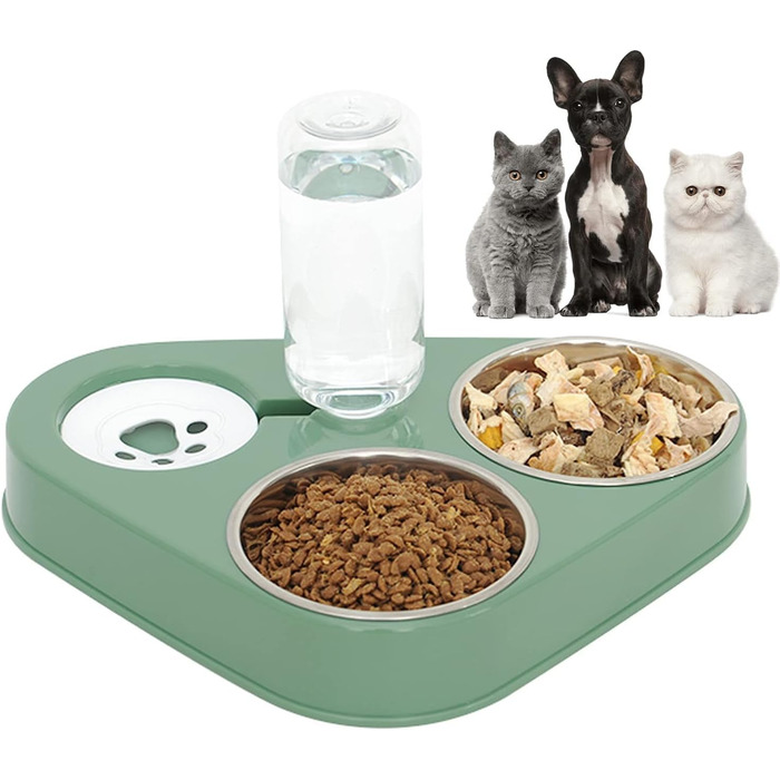Миска для кота з нержавіючої сталі 3-в-1 з автоматичним дозатором води, подвійна миска для котів та собак (зелена)