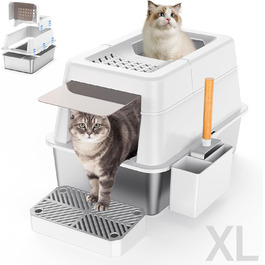 Закрита котяча туалетна XL з нержавіючої сталі з кришкою, для великих котів, з верхнім входом, високими бортами, педаллю, совком і захистом від протікання
