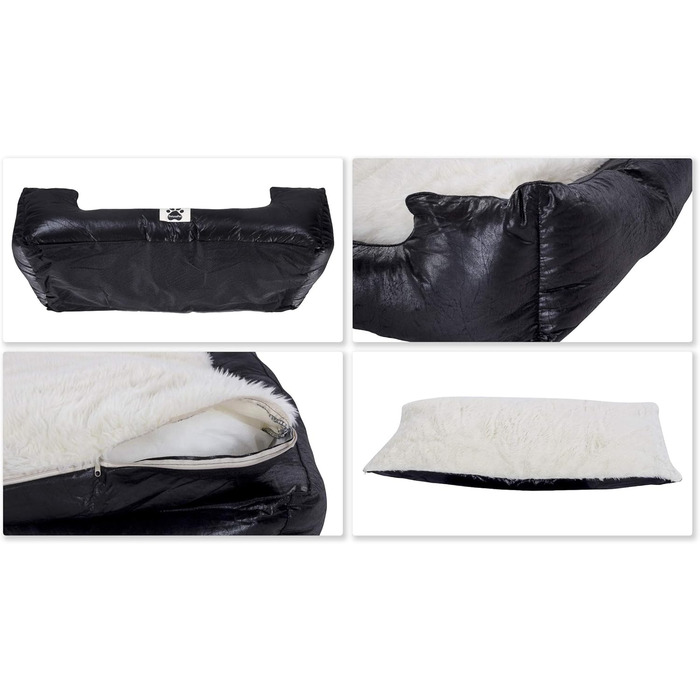 Крісло-ліжко для собак DeluxePet 'Schlummer' чорного кольору 100x70 см з штучної шкіри, 2в1 з двостороннім подушкою, для великих собак, з хутряною та шкіряною стороною, м'яке наповнення, антиковзаюча підкладка, розмір 100 x 70 см (середній)