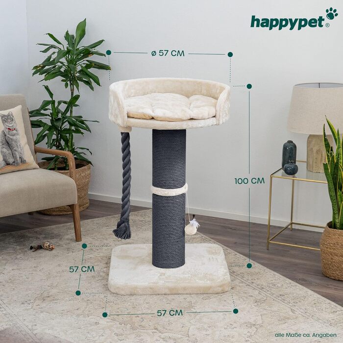 Дряпак для котів HAPPYPET 'Balu' 100 см, преміум, стабільний, для великих порід (Мейн-кун, регдол), товсті стовпи 18 см, натуральний сизаль, сірий-бежевий