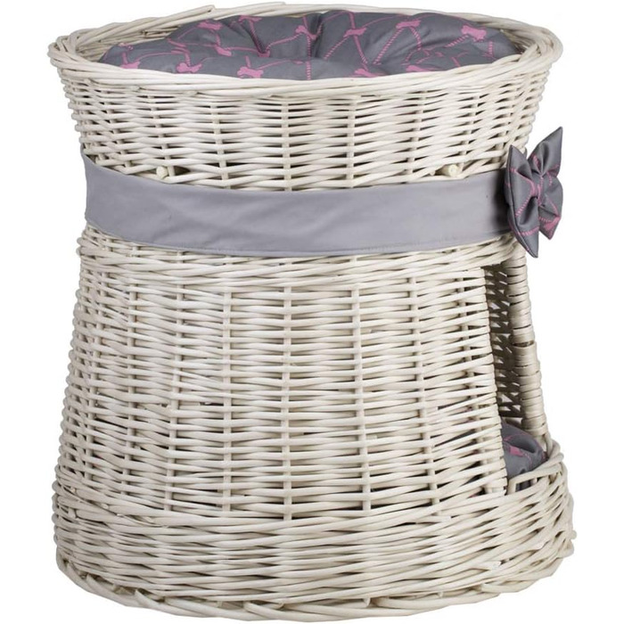 Кругла котяча хатинка e-wicker24 з плетіння, двоярусна, з подушкою та бантиком, котячий будиночок (кремово-сірий)