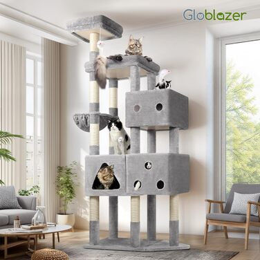 Комплекс для котів Globlazer XXL 207 см з будиночком 45x35 см, платформами, стійками та кошиком, 8 стовпчиків з сизалю, сірий