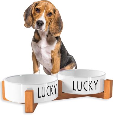 Персоналізована годівниця для собак OWLBOOK з іменем - подвійний набір з кераміки та бамбуку, 300 мл
