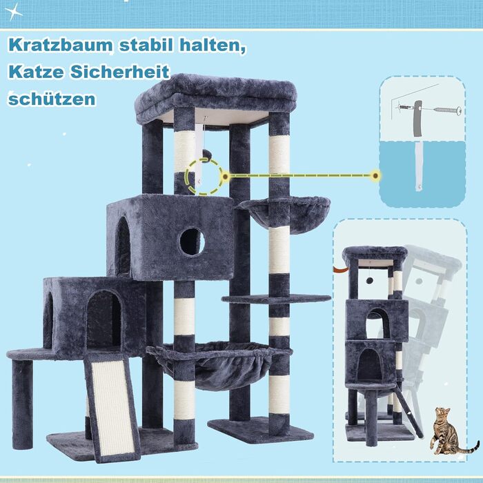 Котячий будиночок Hey-brother Kratzbaum: велика платформа, 2 печери, гамак, сизаль, кошик, 127 см, MPJ071W (димно-сірий)