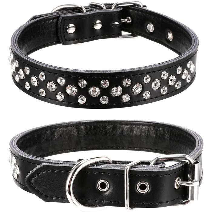 Нашийник для собак Haoyueer з блискітками, регульований, з кристалами, з натуральної шкіри, для собак малих та середніх порід (L, Чорний)