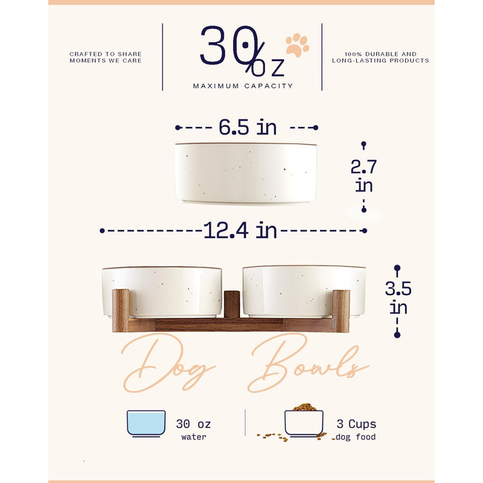 Набір мисок для собак Getstar з кераміки на підставці з акації, 887 мл, 2 шт, з кольоровим обідком