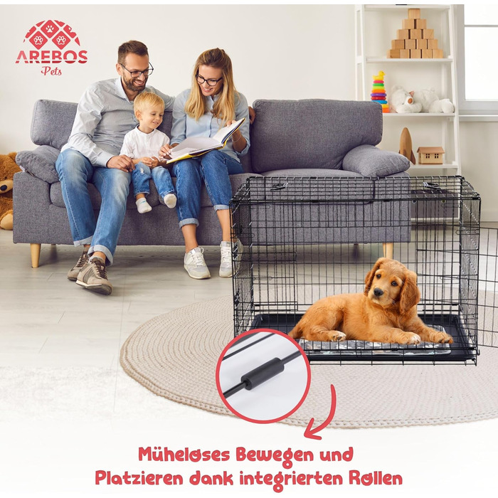Клітка для собак Arebos | Транспортна переноска для собак, складана | Клітка-переноска для авто | Клітка для собак з 2 дверцятами | Чорна (92,5 x 60 x 66 см)