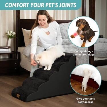 Сходинки для собак маленьких порід 50 см, сходи для тварин на ліжко з високощільним губчастим матеріалом, сходинки для собак з пральною наволочкою та неслизьким дном, 40x72x50 см, 4 сходинки (Чорний, 5 сходинок (40x84x57 см))