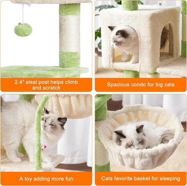 Комплекс для котів Heybly Kratzbaum HCT004SW: Дряпка-будиночок з іграшками, лежаком та сизалевими стовпчиками (43.3 см, зелено-бежевий)