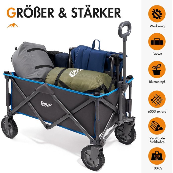 Складаний візок-тележка PORTAL знімний тканний дах, 100 кг, для кемпінгу, саду, пляжу, покупок, блакитний