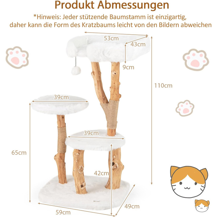 Дерев'яна кігтеточка SOARS для котів з 3-ма стовбурами, ліжком та іграшками, багатоповерхова, 59 x 49 x 110 см, Стиль C