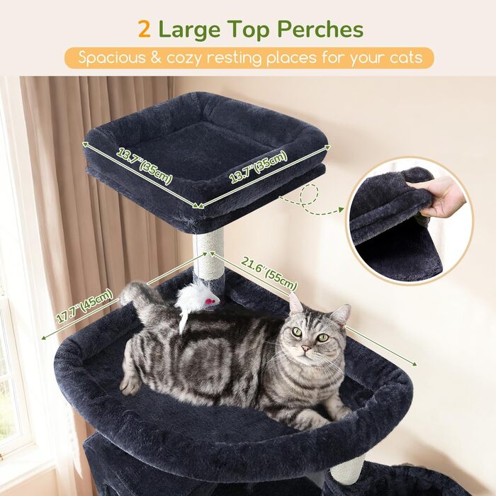 Кігтеточка Globlazer XXL 209 см з 2 будиночками, великою платформою, 3 кошиками, стовпчиками для шліфування, 8 стовпчиками з сизалю, стабільна кігтеточка для кількох котів (темно-сірий)