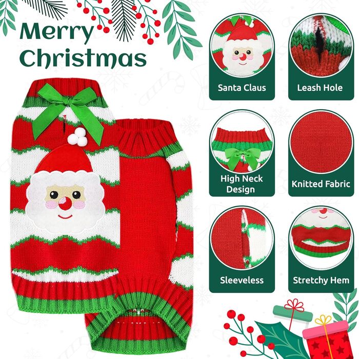 Пуловер для собак на Різдво: Костюм Святого Миколая для собак, малого, середнього та великого розміру. Червоний пуловер з повідком та отвором для хвоста. Ідеальний одяг для домашніх тварин. Розмір L.
