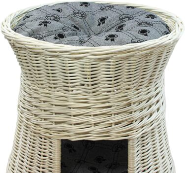 Кігтеточка-ліжко для котів: кругла хатинка з лози, 2 поверхи, білий колір, сірий лежак