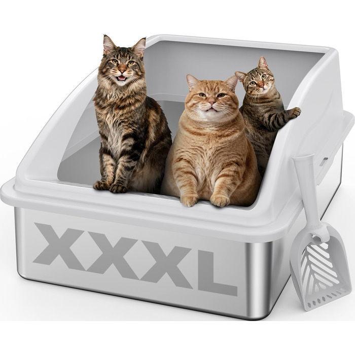Лоток для котів FURTIME XXXL з нержавіючої сталі, екстра великий туалет для котів (71x51x31 см), сріблястий