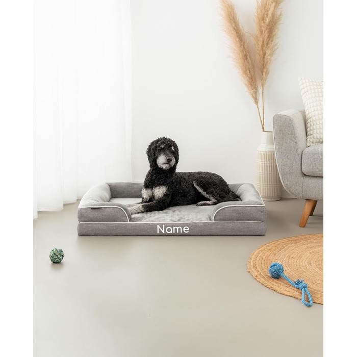 Ортопедичне ліжко для собак Lionto з піднятим бортиком, 89x63x17 см, міцне лежання з м'якого фланелі, знімний та пральний чохол, неслизьке, для маленьких та великих собак та котів, сіре (з нанесенням імені)