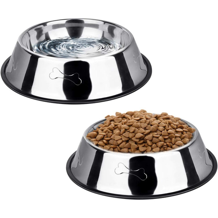 Миски для собак з нержавіючої сталі, 2 шт. - неслизька основа, для корму та води, середніх та великих собак, срібні