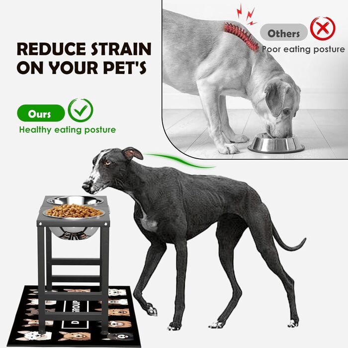 Підвищена годівниця для собак великих та екстра-великих порід, підставка для мисок з нержавіючої сталі (2,863 г) та не проливаючим килимком, годівниця висотою 43 см для великих порід, чорний колір