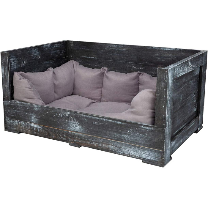 Собаче ліжко Kistenkolli Altes Land Balu з дерева з подушкою, корзина для собак, лежанка, вінтажний диван для собак, білий (90x57x45 см, Shabby Schwarz)