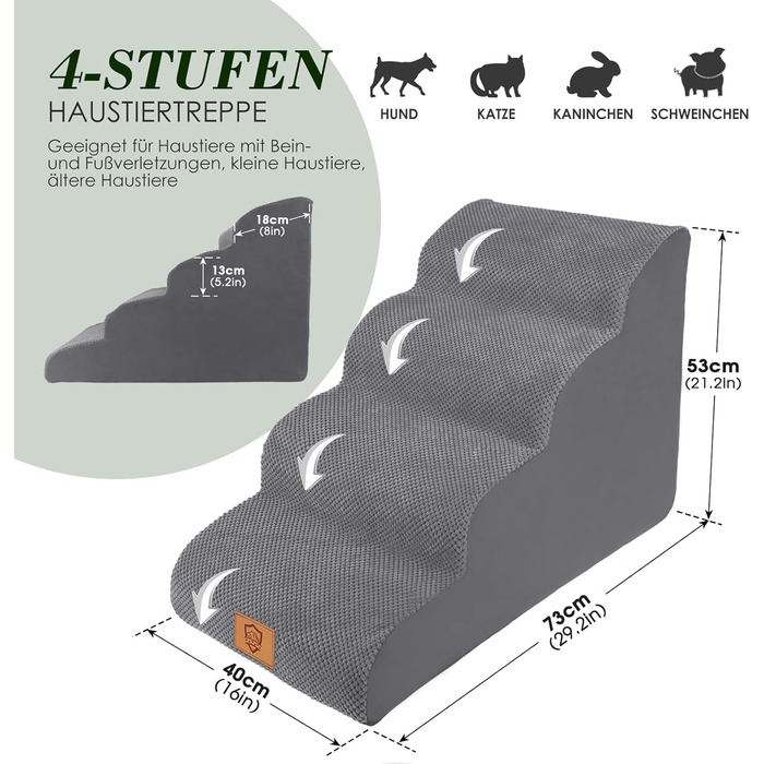 Сходинки для собак та котів 4 сходинки, 50 см, сірі. Зручні та миючі сходинки для тварин з антиковзким покриттям. Підійдуть для софи та ліжка.
