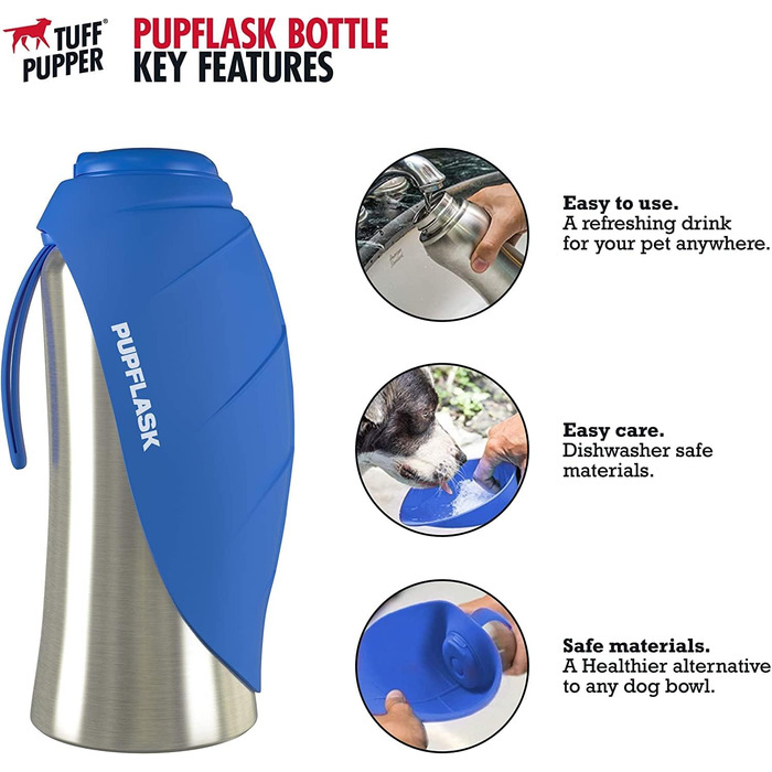 Фляга для води для собак PupFlask, 800/1200 мл, нержавіюча сталь, портативна поїлка для подорожей, не протікає, підходить для всіх порід