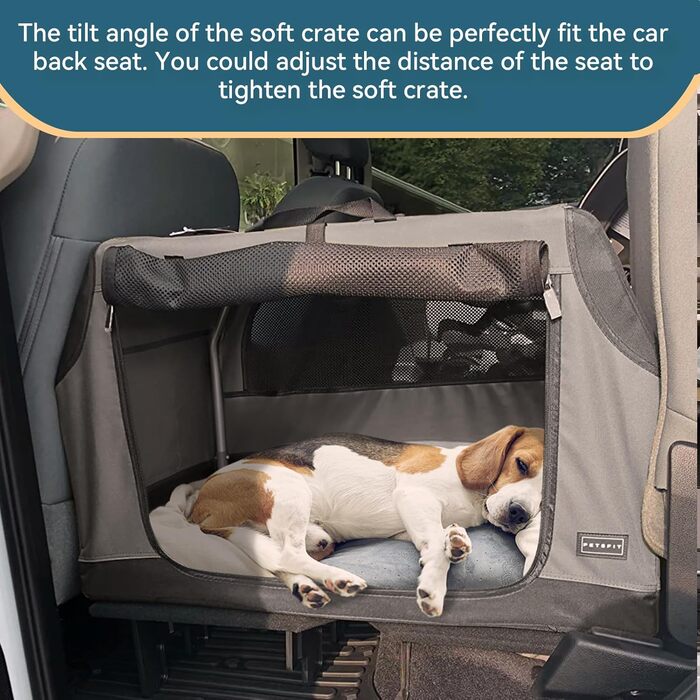 Складана автопереноска для собак Petsfit L, посилена, сіра, з нахиленим дизайном, тканинний чохол, зміцнена сітка від гризіння, для багажника авто