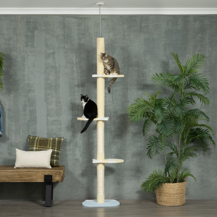 PawHut Cat Tree, Кігтеточка для кішок Висота стелі, 220-260 см, Лазіння по дереву з Play Ball, Котяче дерево з регулюванням висоти, Ігрове дерево із захистом проти нахилу, Плюш, Жовтий | Аосом