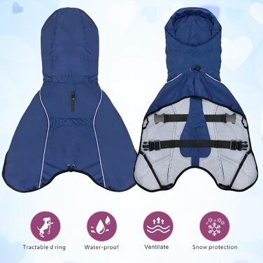 Дощовик для собак Mosucoirl: водонепроникний дощовик з регульованою капюшоном та отвором для повідка (Navyblau, L)