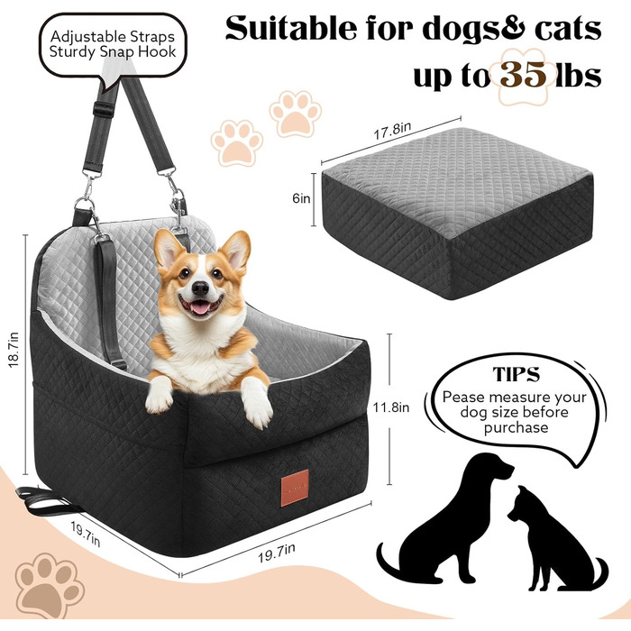 Автокрісло для собак маленьких та середніх порід (до 15,9 кг), з пам'яті-ефекту, знімний чохол, 2 ремені безпеки, чорний/сірий, Medium