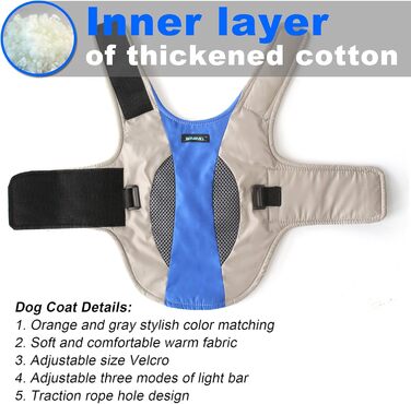 Підкладкова регульована куртка для собак, обігріваюча жилетка для собак з LED-підсвічуванням, зручна та вітронепроникна куртка для маленьких та середніх собак (XL, Синій та Сірий) XL Синій та Сірий