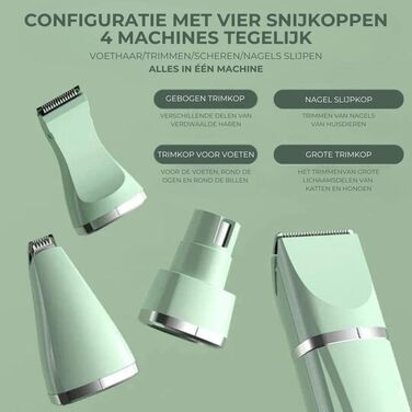 Триммер для грумінгу Tierbedarf Plus 4-в-1: тиха собача машинка, водонепроникна (IPX7), для собак, котів та кроликів. 4 насадки, зелений колір