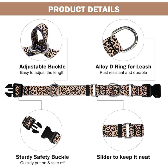 Нашийник для собак Hikiko Martingale з леопардовим принтом, великий розмір (L), міцний, витривалий
