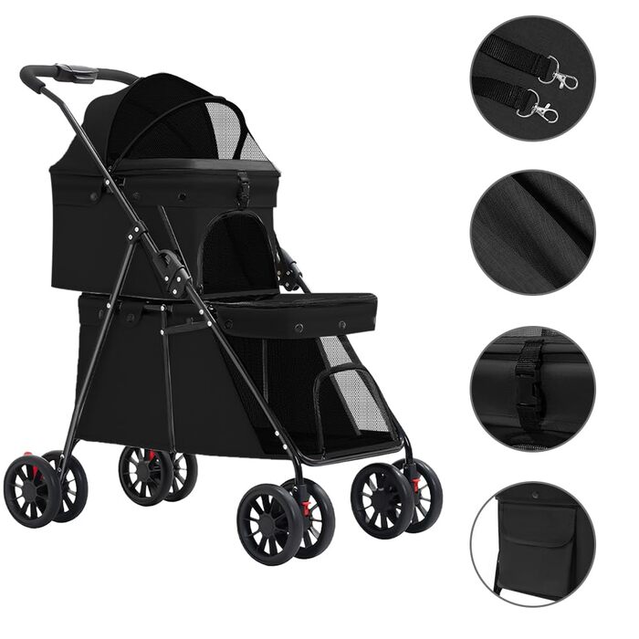 Дитяча коляска 3 в 1 для собак та котів, складні, з 4 EVA-колесами, ручка, 3 вікна з сітки, тримач для напоїв, для маленьких та літніх собак, тролей для людей з обмеженими можливостями (67 x 50 x 95 см, Чорний)