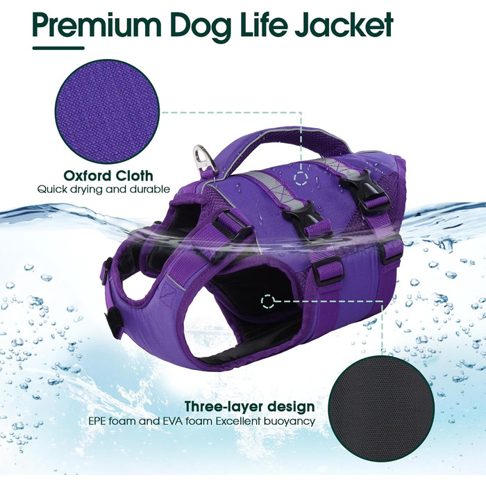 Жилет рятувальний для собак великих порід Kuoser, фіолетовий, з ручкою та світловідбиваючими елементами, регульований