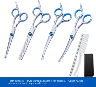 Набір професійних ножиць для собак, 5 в 1, з нержавіючої сталі, для грумінгу собак, котів та інших домашніх тварин. Включає: ножиці для фінішу, 2 вигнуті, 1 пряма, гребінець для грумінгу. Для догляду за всім тілом, обличчям, носом та вухами.