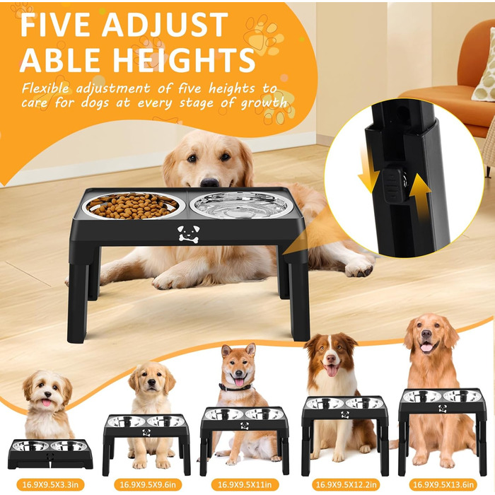 Підвищений годівниця для собак з регулюванням висоти, 5 рівнів, для малих, середніх та великих собак, годівниця-станція з 2 мисками з нержавіючої сталі, складна та протиковзка, для здоров'я суглобів та без BPA