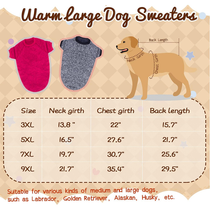 Пуловери для собак Rypet, 2 шт., великі, теплі, зимові, для середніх та великих собак, розмір 9XL (Обхват грудей: 89.9 см, Довжина спини: 74.6 см), Navy Blue & Wine Red