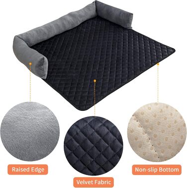 М'яке ліжко-софа для собак та котів з велюру, 75x75 см, сірий/чорний. Захист меблів, антиковзаюче, знімний чохол