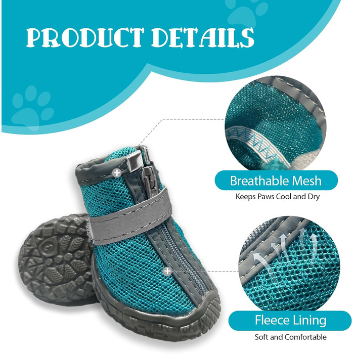 Взуття для собак, захист подушечок лап, Outdoor, 4 шт., з світловідбиваючим кріпленням, дихаючі собачі чоботи, регульований захист лап для маленьких та середніх собак (1, блакитний)