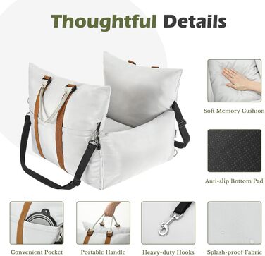 Pawaboo Автомобільний крісло для собак, водовідштовхувальне, з ременями та шнуром безпеки, посилене, сумка для подорожей з м'якою оббивкою, до 11 кг, світло-сірий