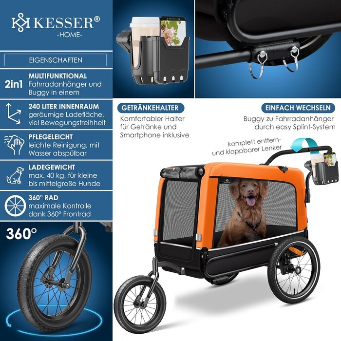 Великий велосипедний причіп для собак KESSER Boxer 3в1, 240 л, амортизований, матеріал Оксфорд 600D, для великих порід, до 40 кг, із підстаканником