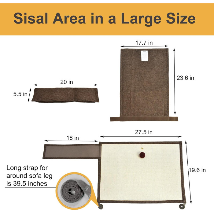 Захист для дивану від кігтів котів, 70 x 50 см, з сизалю, для праворуких (коричневий)