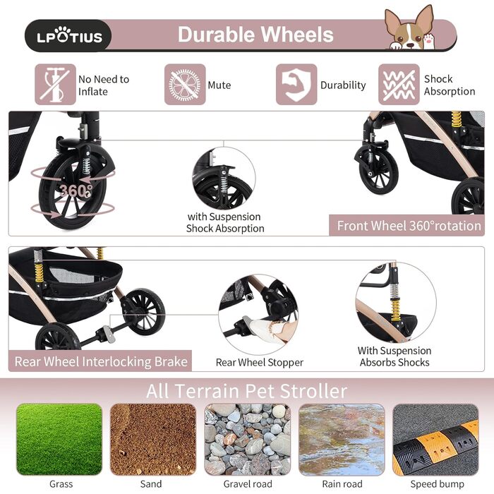 3 в 1 Візок для собак з знімним сидінням, будіжок, переноска, складаний, для домашніх тварин, візок для дітей до 25 кг, Рожевий, Шампань