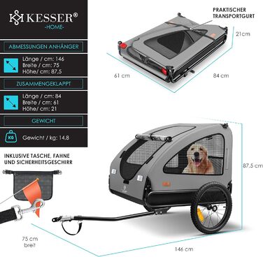 Великий велосипедний причіп-візок для собак KESSER Boxer 2-в-1, 250 л, складаний, 600D Оксфорд, до 45 кг, з прапорцем і сумкою